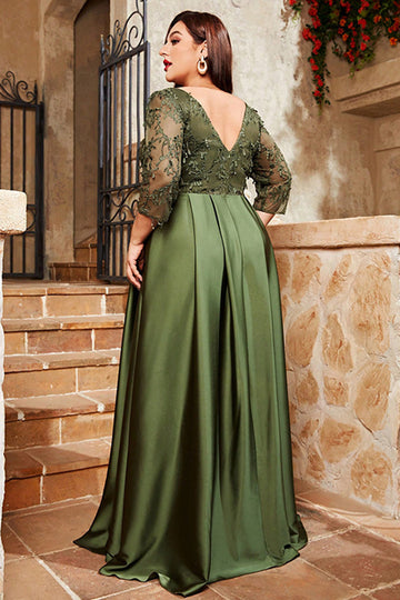 Satin d’olive Une ligne longue Mère de la mariée Robe avec appliques